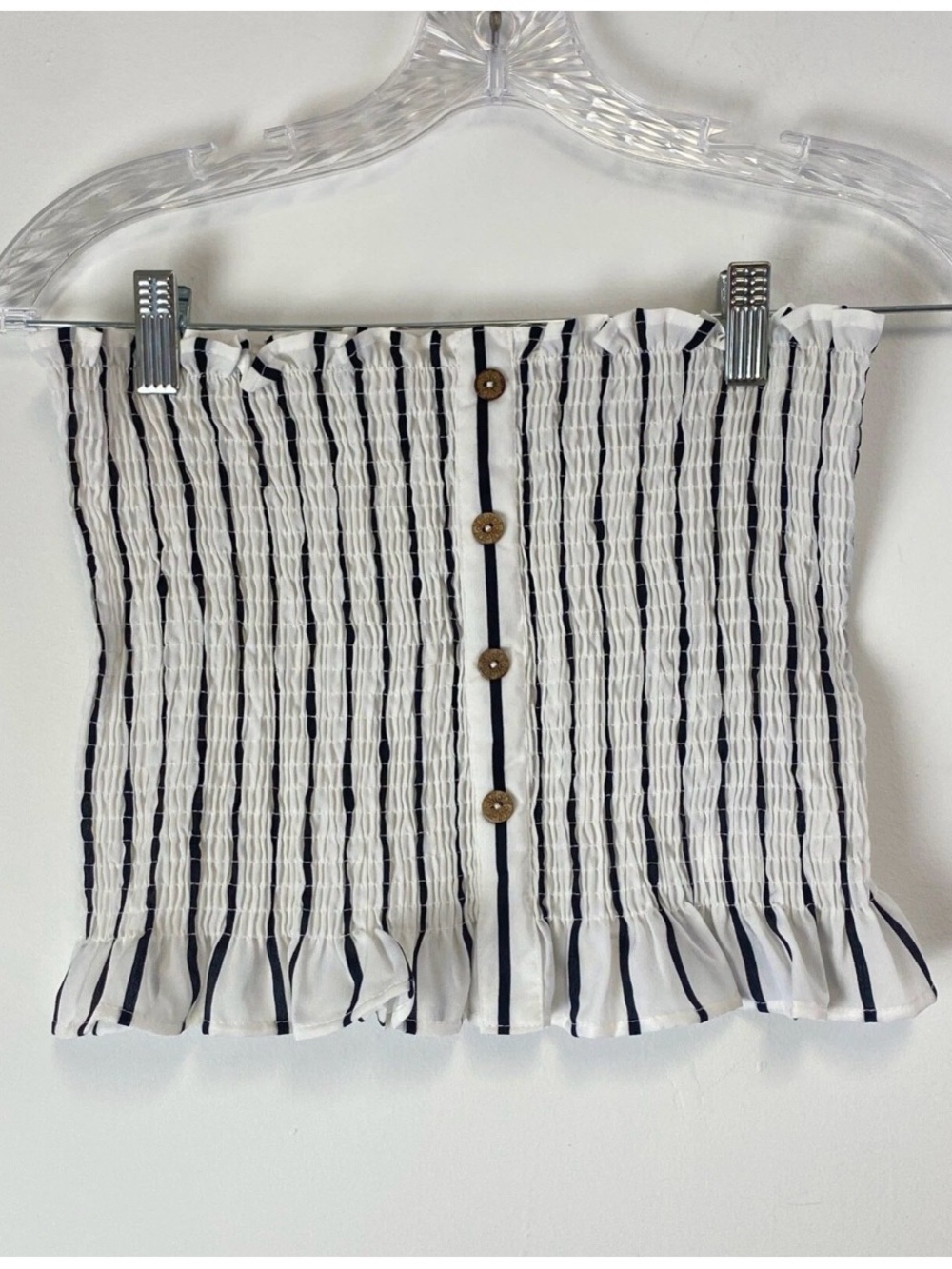 SHEIN White and Black Striped Smocked Strapless Top